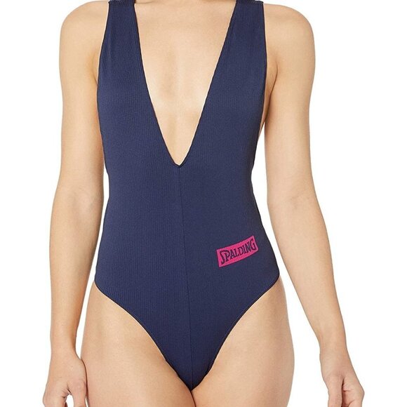 SPALDING PEACOAT BLUE PLUNGE DEEP V-NECK SEAMLESS BODYSUIT SIZE MEDIUM NWT - Picture 1 of 13